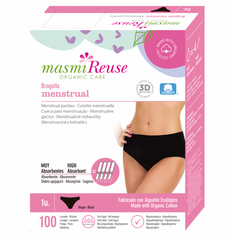 Menstruační kalhotky Masmi z BIO bavlny, vel. S-XL - Velikost: M, 40/42, obvod boků 94-102 cm